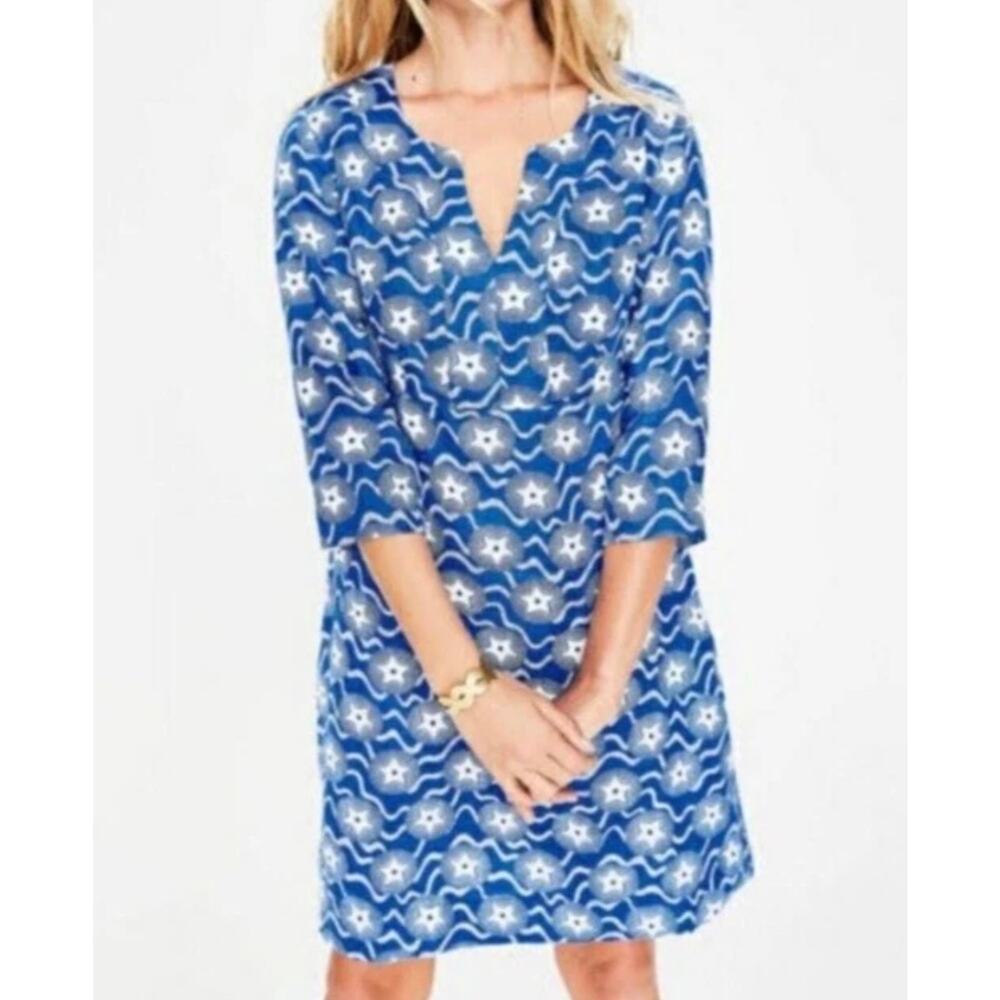 Boden 100% Linen Blue White Star Print V-Neck Mini Dress Women Size 6 Patriotic